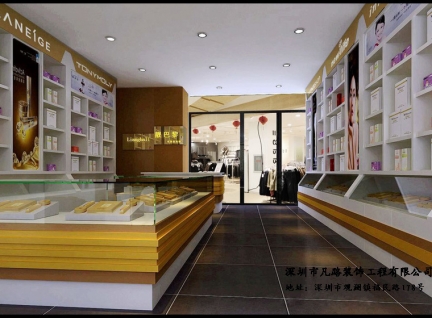 品牌店美妆木质烤漆化妆品展示柜台设计效果图-可来图订制