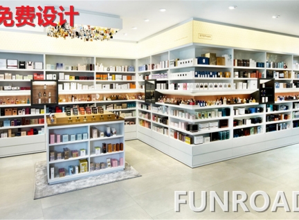 商场店面木质烤漆化妆品展示柜台设计陈列效果图-可来图订制
