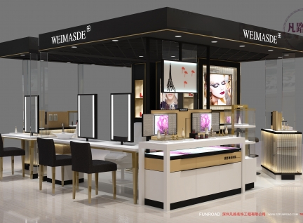 商场开放式木质烤漆化妆品展柜定做案例效果图