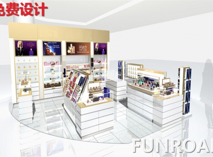 白色烤漆出国化妆品展柜，制作效果图