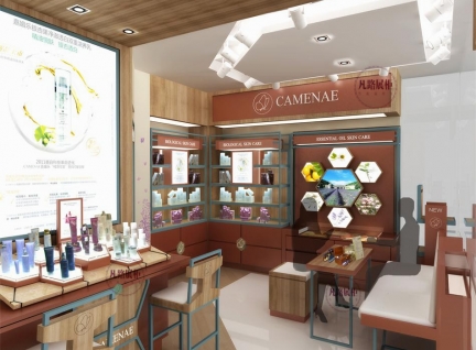 三套同风格而店铺类型不同的化妆品展柜效果图