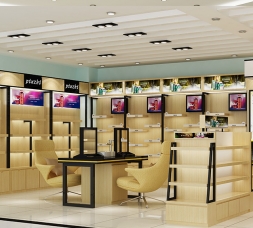 订制，木质化妆品展示柜台实体店陈列效果图